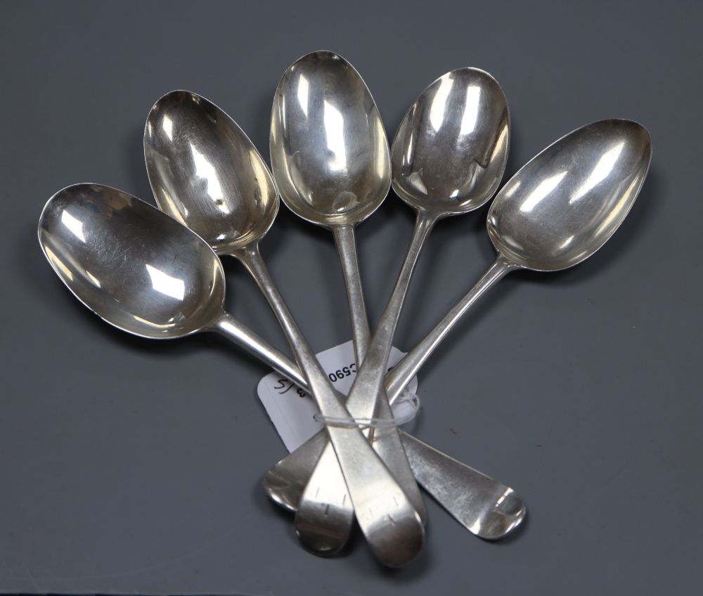 A pair of late George II silver Old English patter tablespoons, Nicholas Hearnden, London, 1759 and three other spoons.